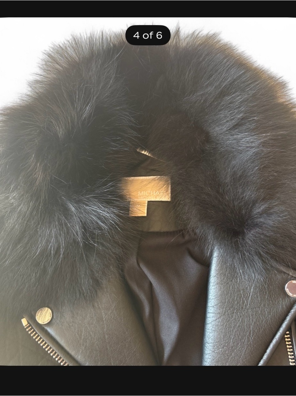 Black Real Fox Fur Collar Genuine Italian Leather Moto Jacket - Women - Picture 4 of 6